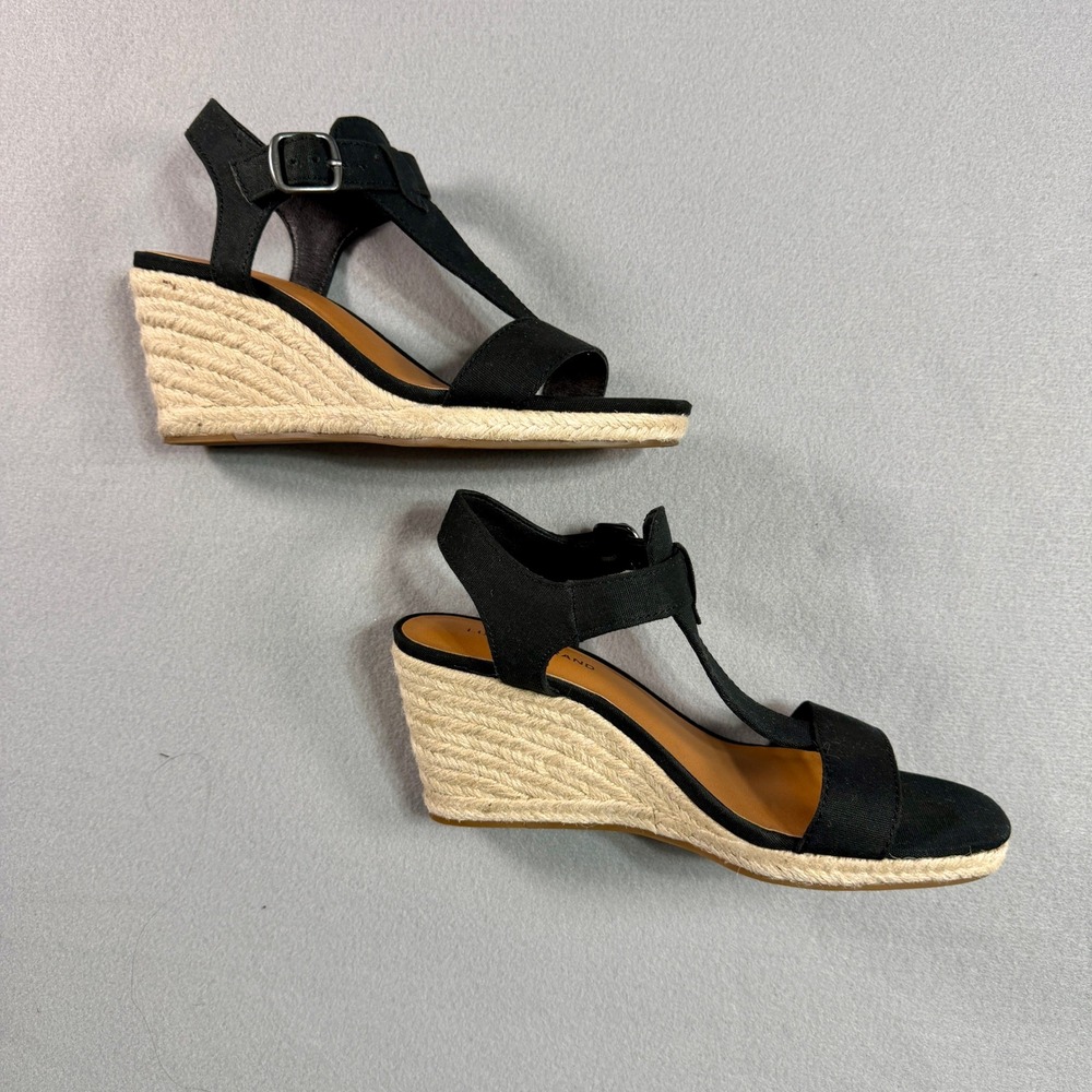 Lucky Brand Millinda‎ T-Strap Espadrille Wedge Sandals Womens Black 7.5 Boho